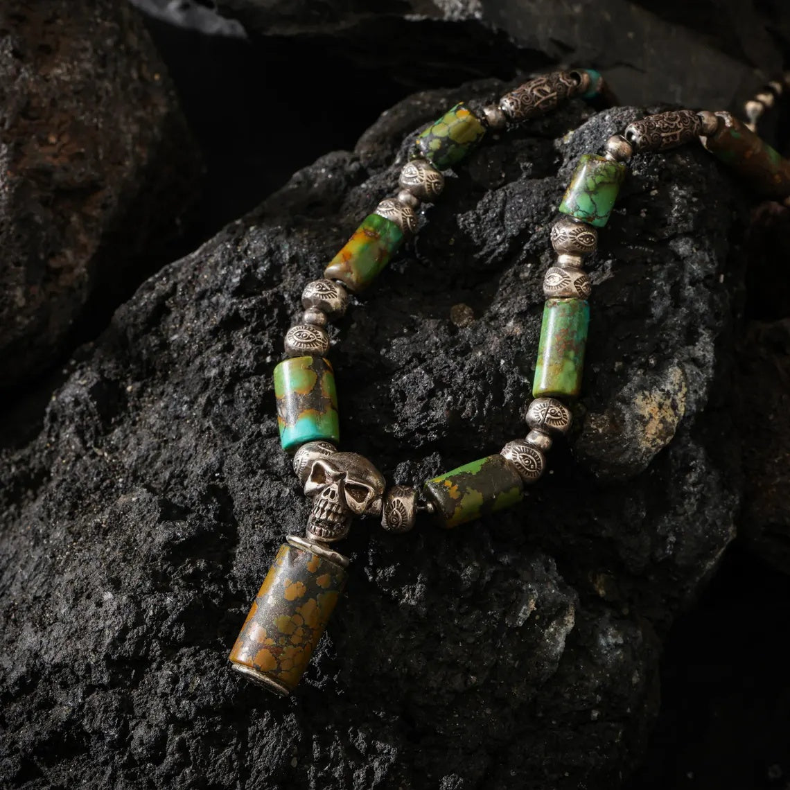 Dharma Deer Turquoise & Sterling Silver Skull Necklace | Om Mani Padme Hum Engraved Beads