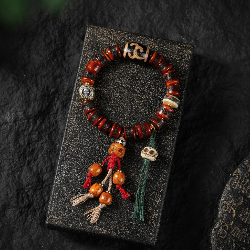 Dharma Deer Tibetan Red Yak Bone Bracelet with Skull Charm