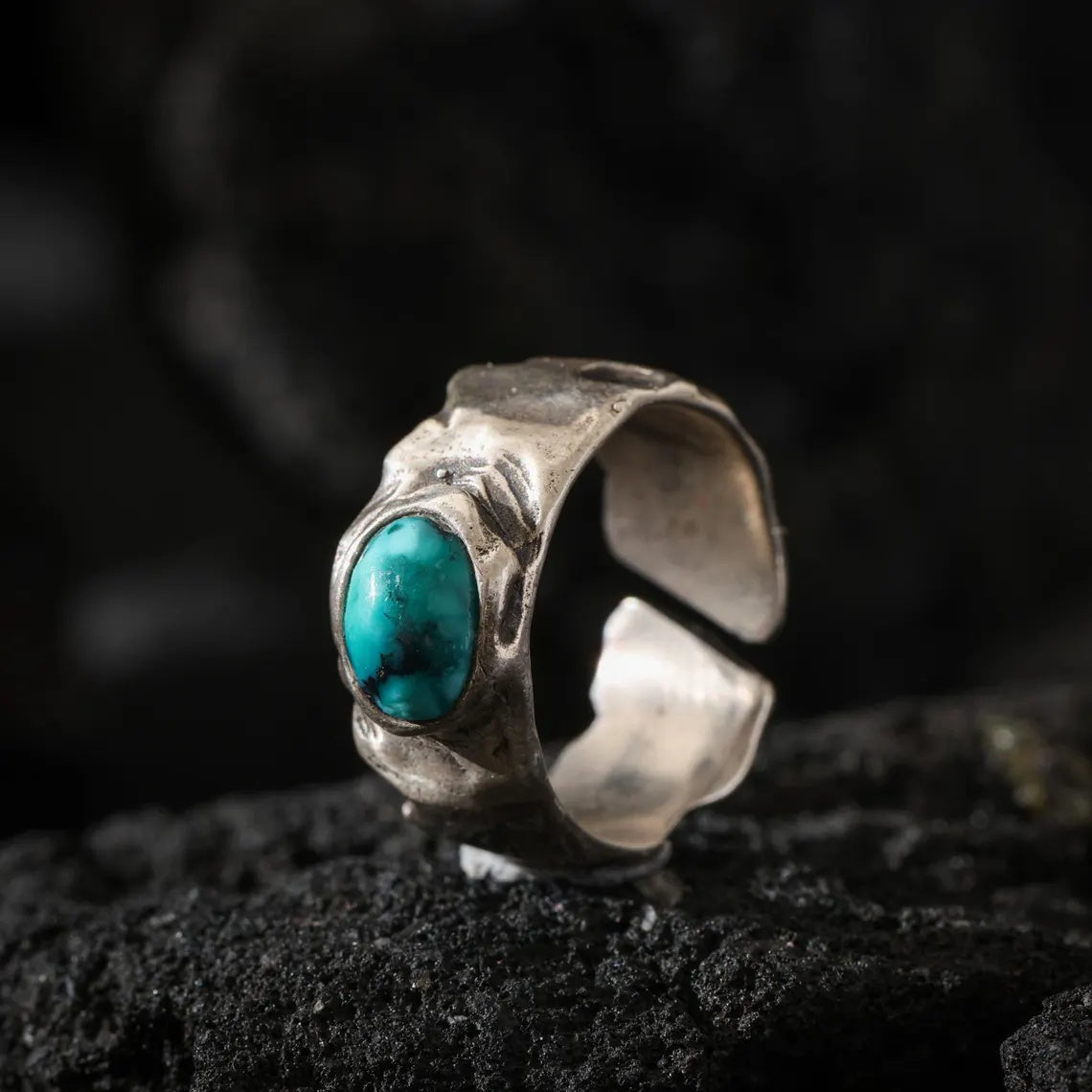 Dharma Deer Turquoise Ring | 925 Sterling Silver | Rustic Hammered Ring | Adjustable Unisex Jewelry