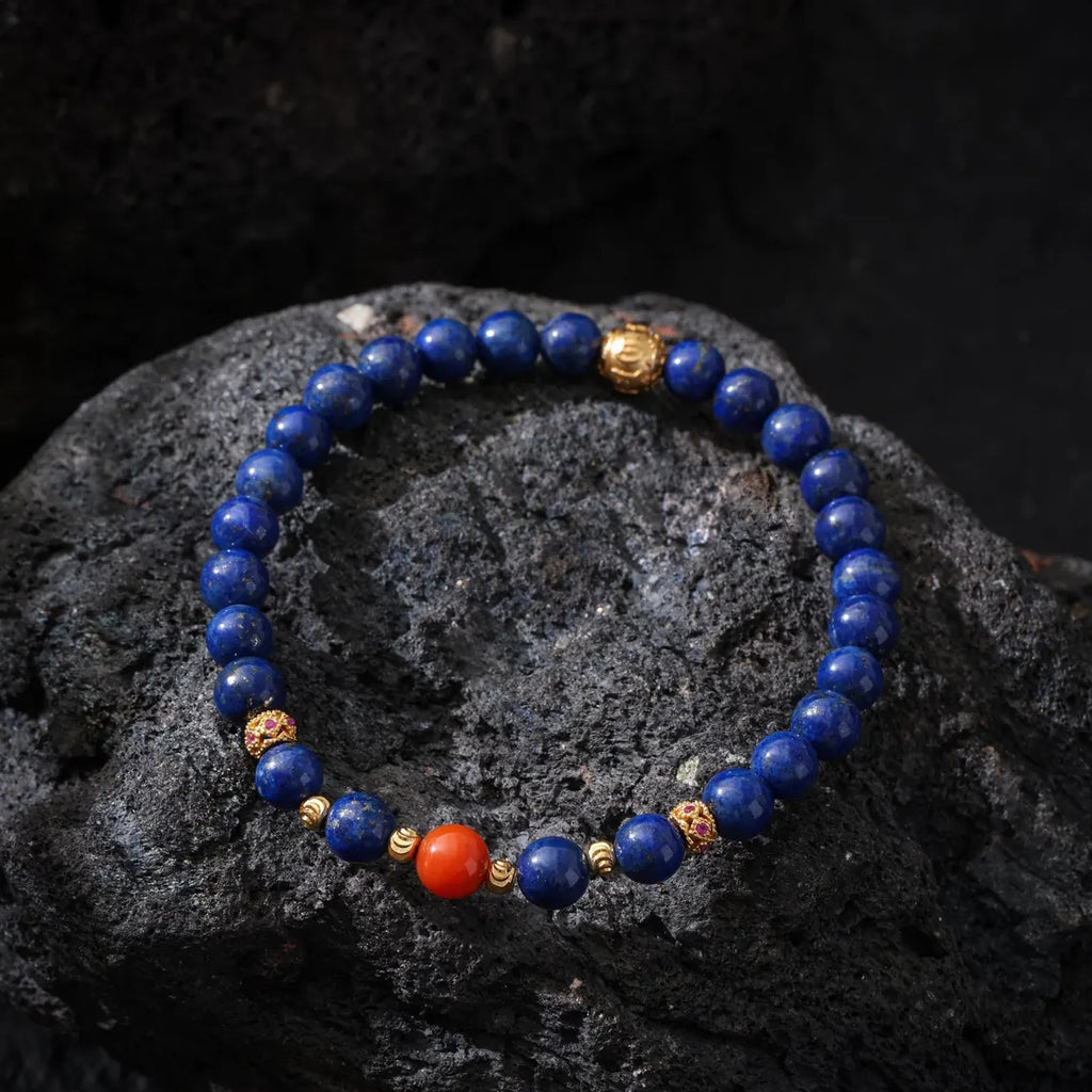 Dharma Deer Lapis Lazuli bracelet Red Agate, Ruby, Gold-plated