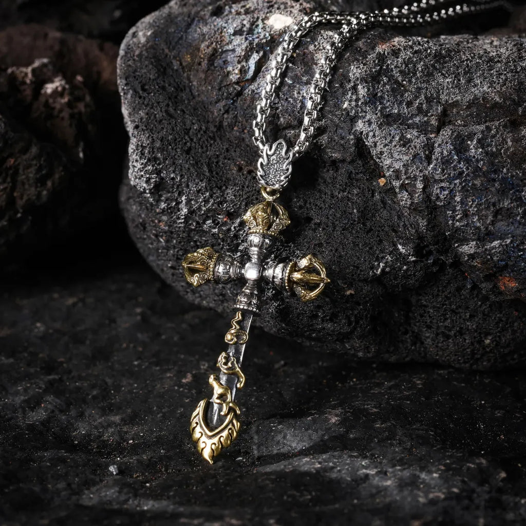 Dharma Deer Manjushri Sword & Vajra Pendant Necklace Tibetan Wisdom Protection Talisman