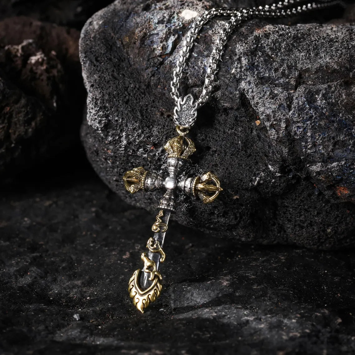 Dharma Deer Manjushri Sword & Vajra Pendant Necklace Tibetan Wisdom Protection Talisman