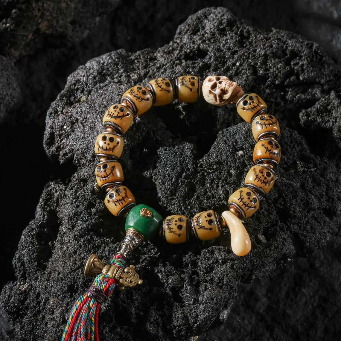 Dharma Deer Yak Bone Bracelet Tibetan Protection Talisman Smiling Fool