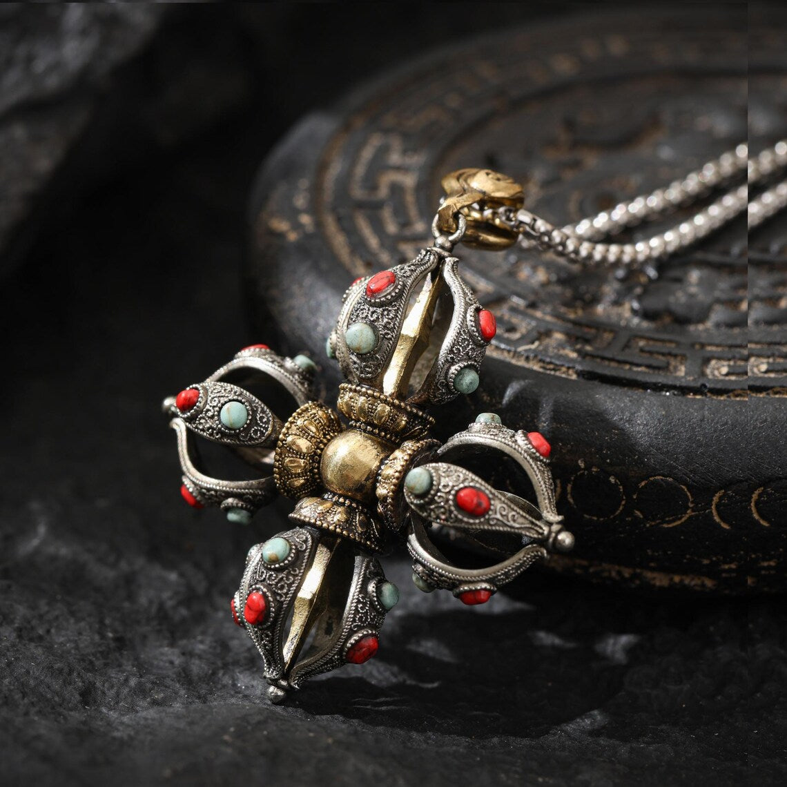 Dharma Deer Cross Vajra Pendant Tibetan Amulet