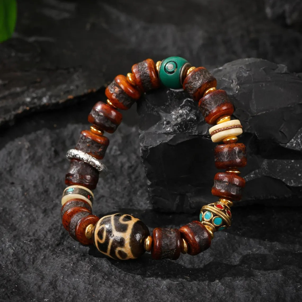 Dharma Deer Yak Bone Bead Bracelet with Dzi Accent