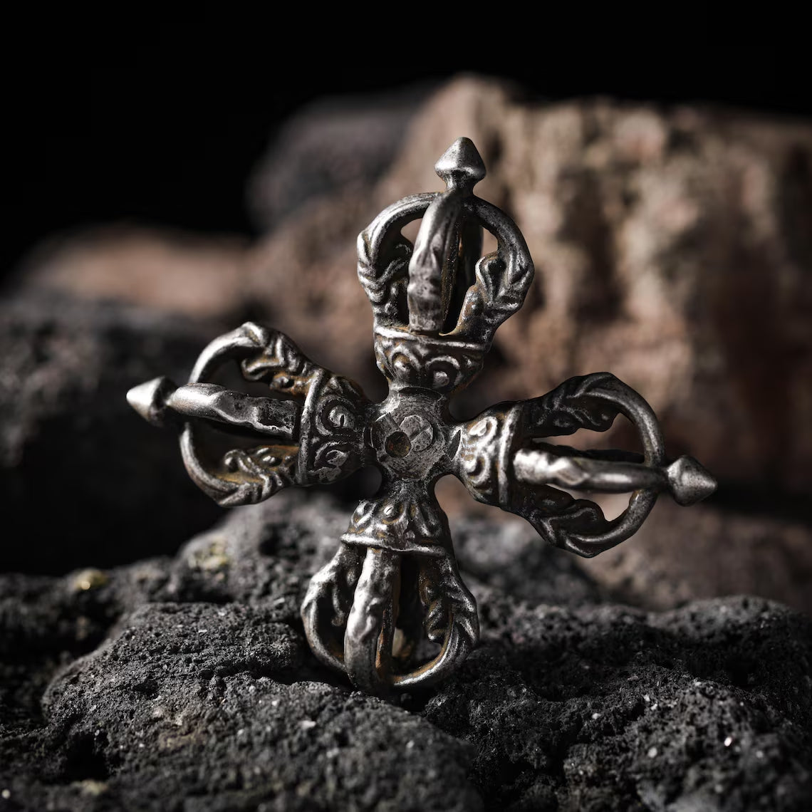 Dharma Deer Tibetan Double Dorje Altar Piece, Five-Prong Vishvavajra Cross Vajra Decor