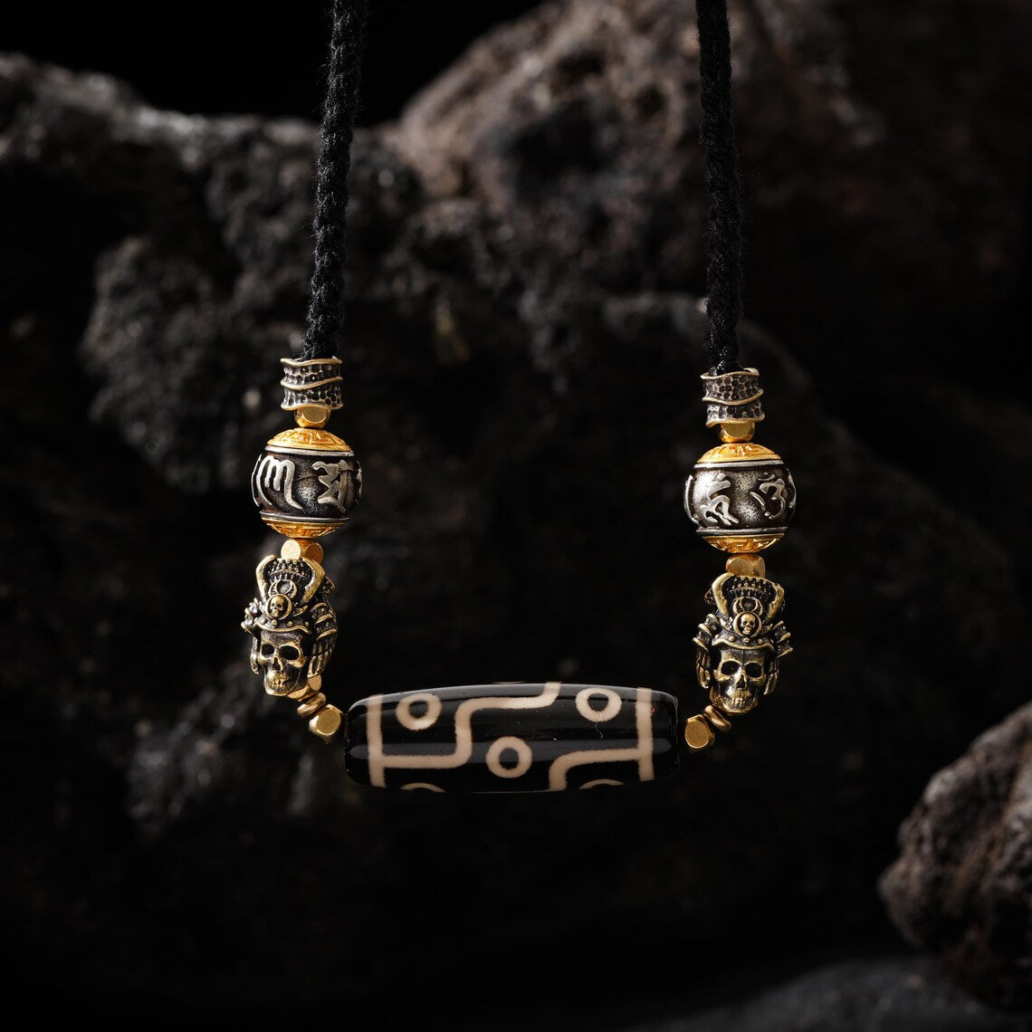 Dharma Deer Dzi Bead Necklace, Om Mani Padme Hum, Skull Warrior Charms, Adjustable