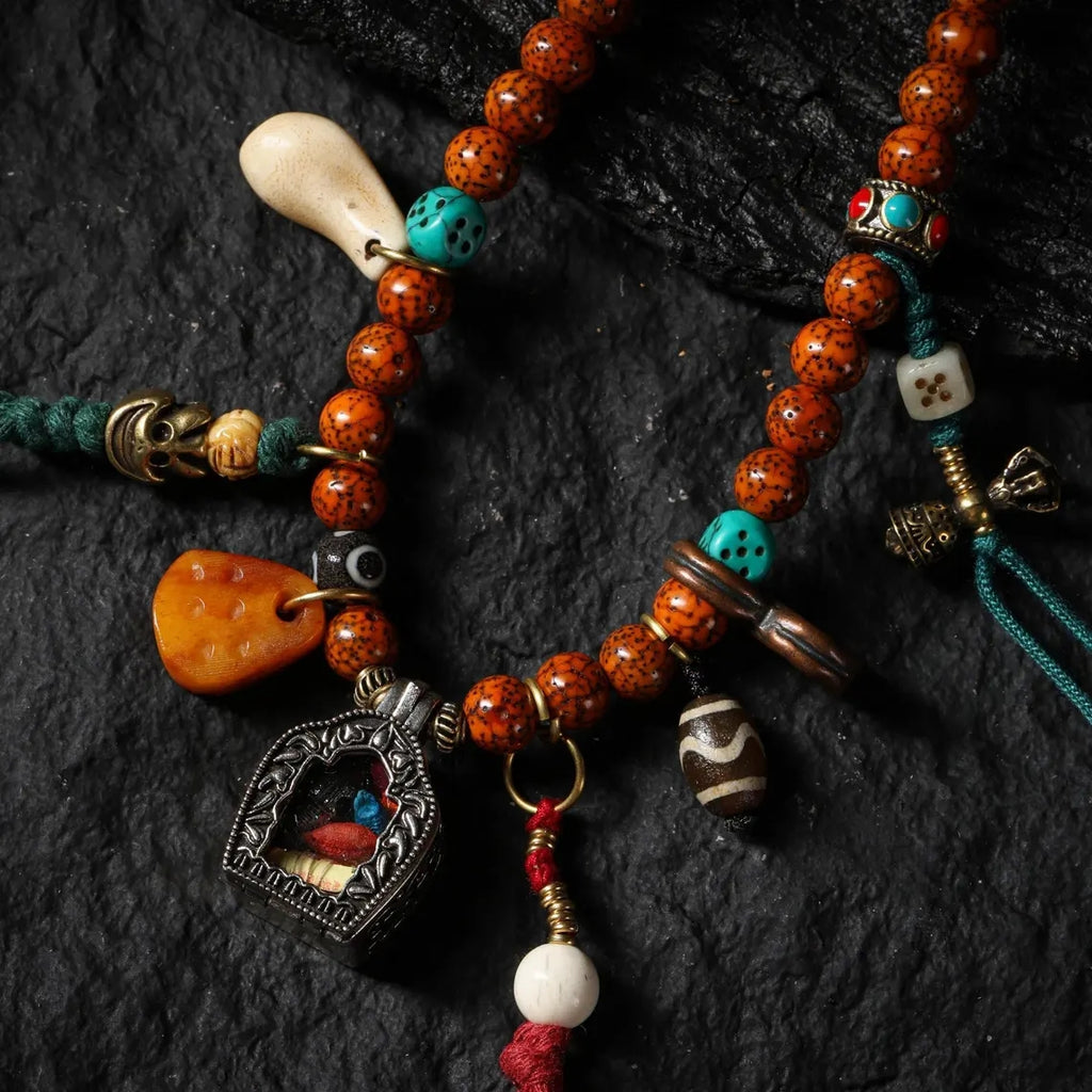 Dharma Deer Tibetan Bodhi Mala Necklace with Gau Amulet