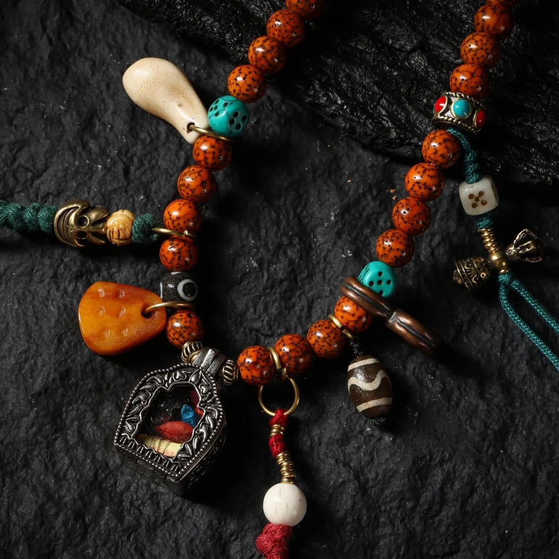 Dharma Deer Tibetan Bodhi Mala Necklace with Gau Amulet