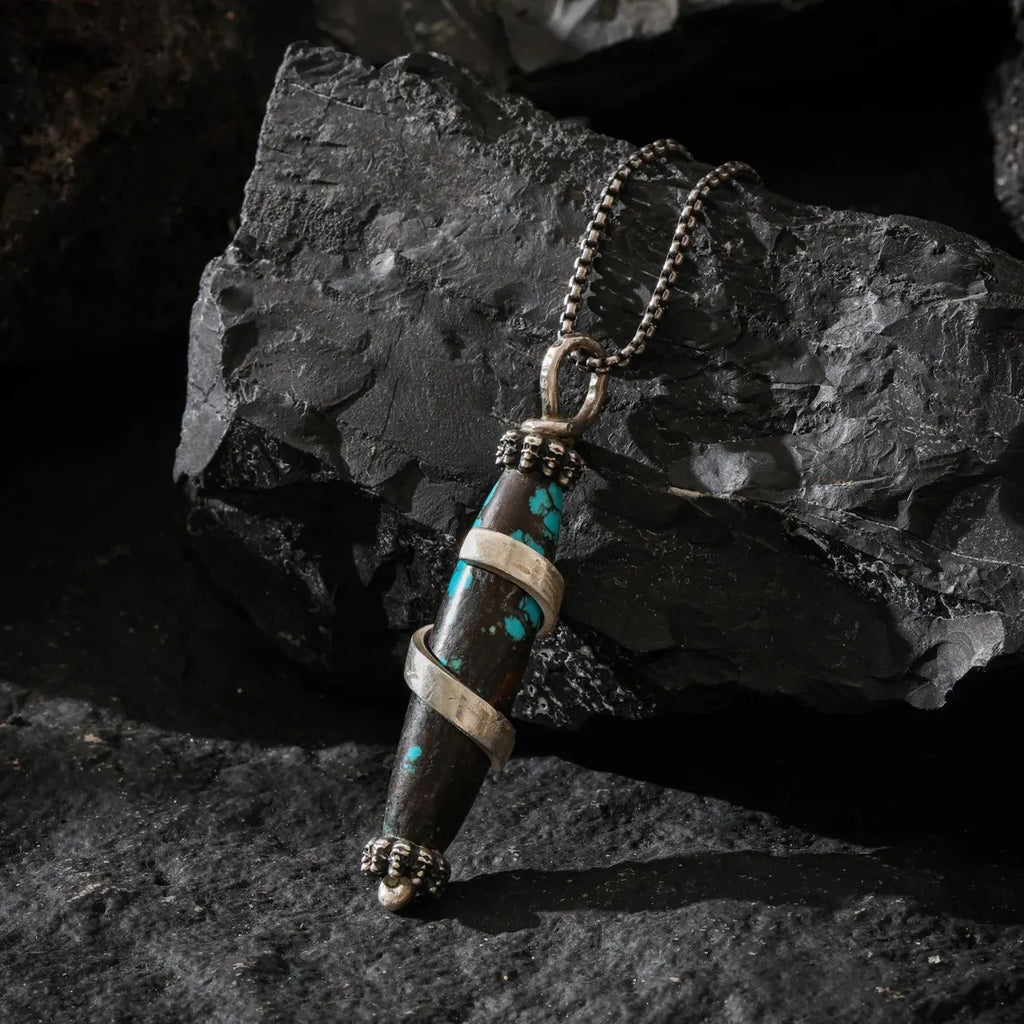 Dharma Deer Dzi Shape Turquoise Pendant Necklace Sterling Silver Chain Tibetan Handmade Heavy Talisman