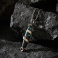 Dharma Deer Dzi Shape Turquoise Pendant Necklace Sterling Silver Chain Tibetan Handmade Heavy Talisman