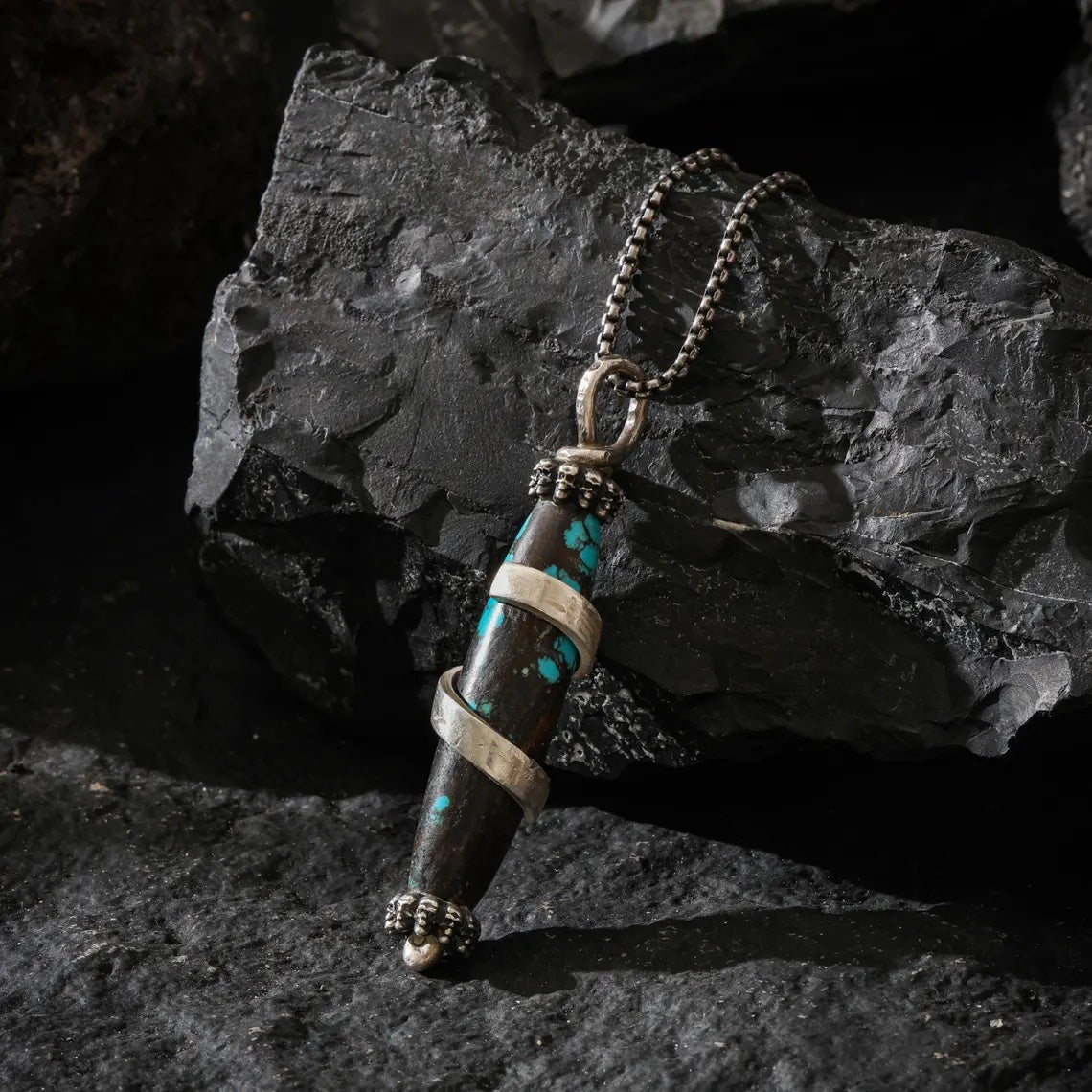 Dharma Deer Dzi Shape Turquoise Pendant Necklace Sterling Silver Chain Tibetan Handmade Heavy Talisman