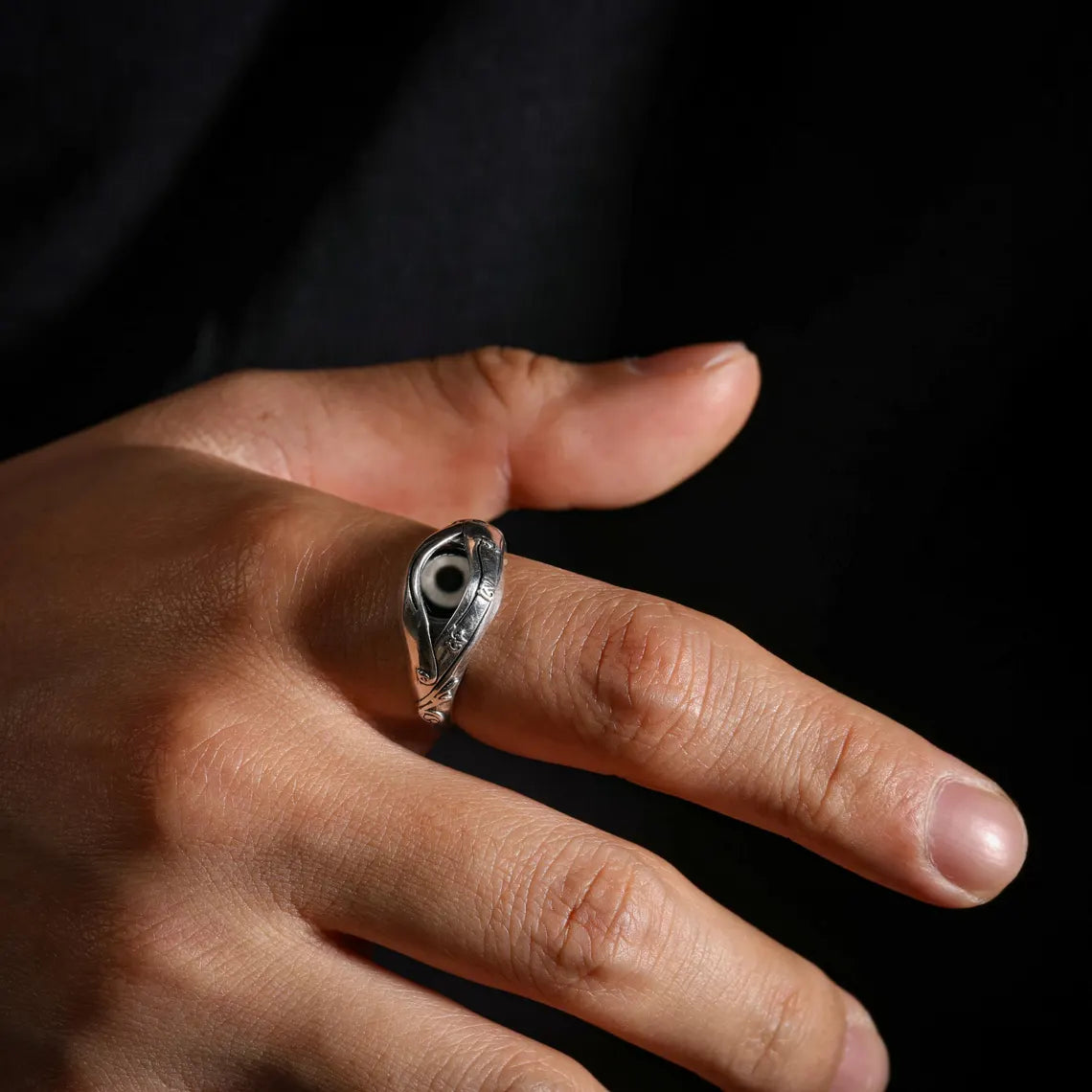 Dharma Deer Dzi Ring Sterling Silver Adjustable Tibetan Statement Ring
