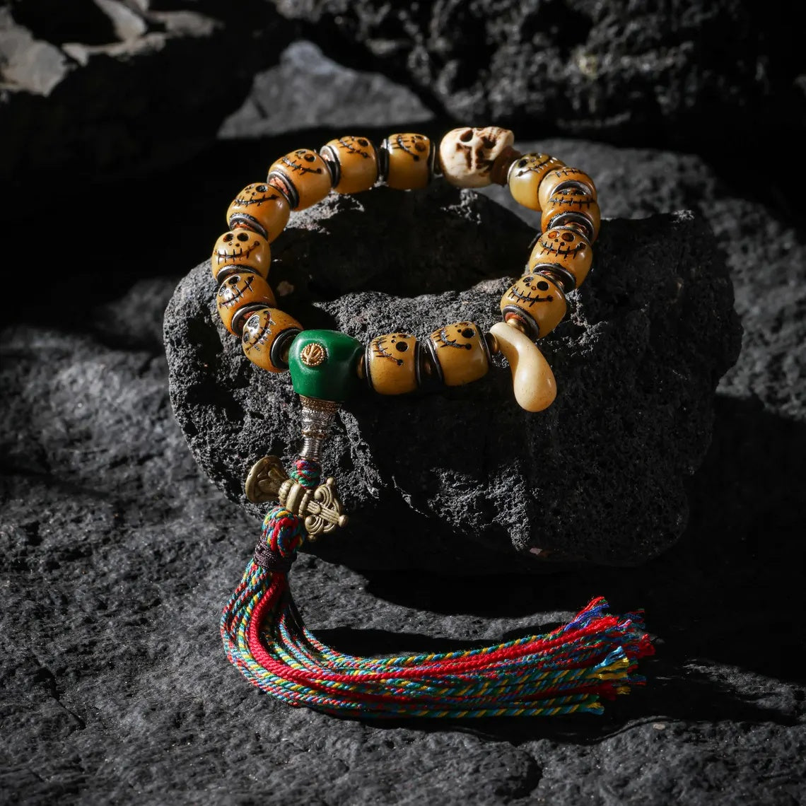 Dharma Deer Yak Bone Bracelet Tibetan Protection Talisman Smiling Fool