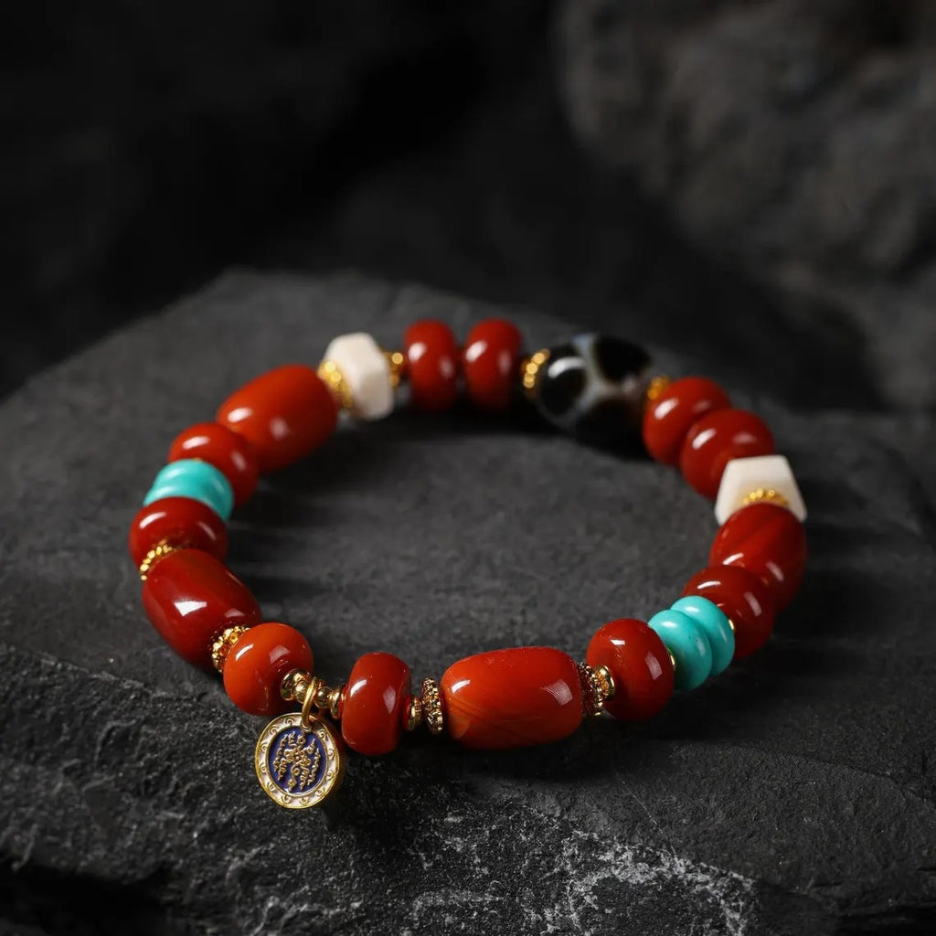 Dharma Deer Tibetan Red Agate Bracelet with Turquoise & Dzi Accents