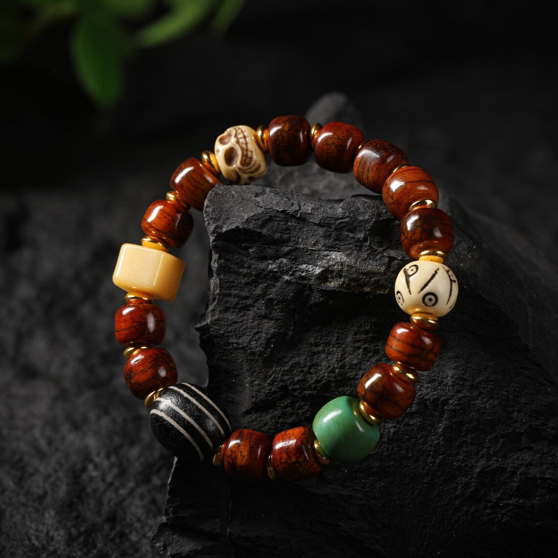 Dharma Deer Yak Bone Dzi Skull Bead Bracelet