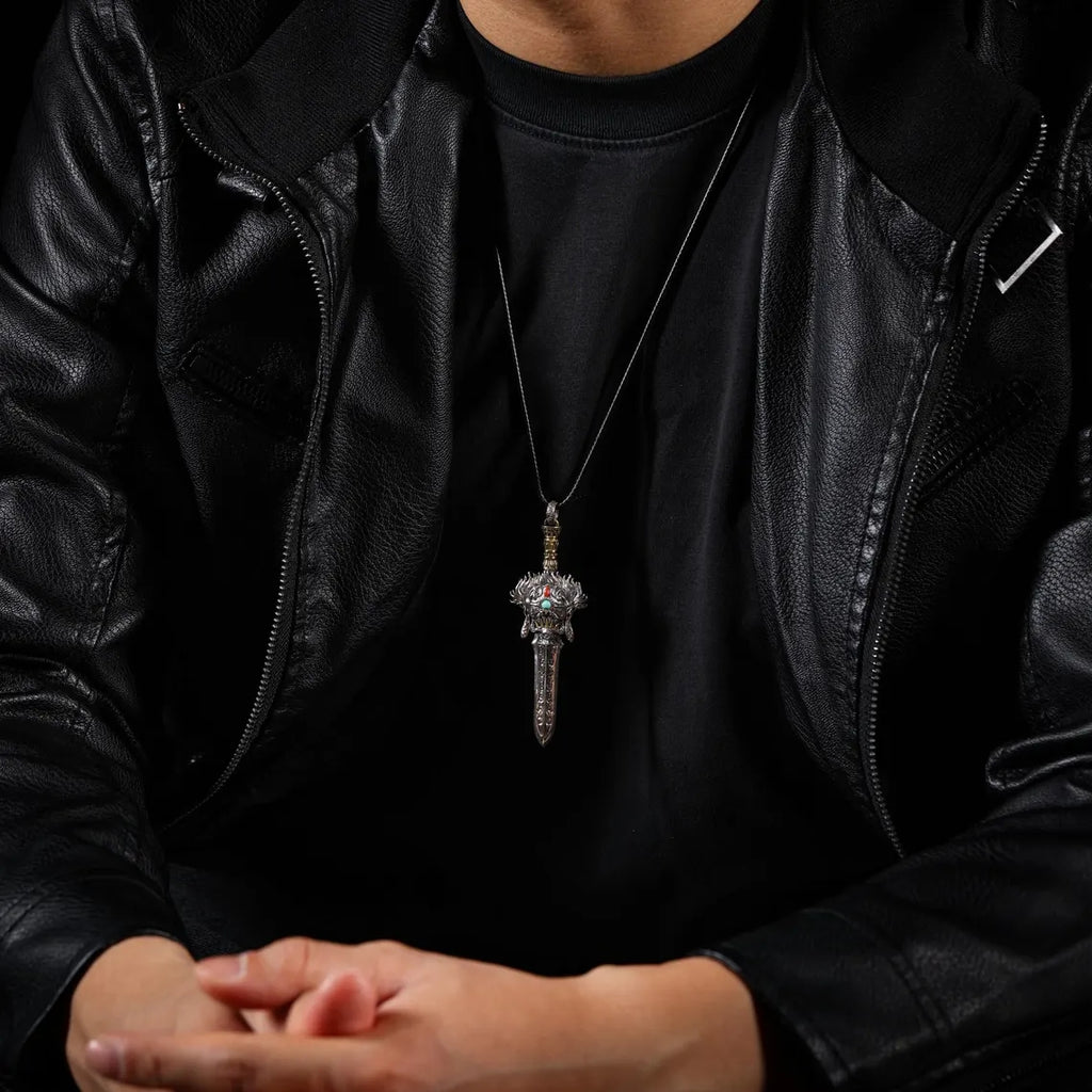 Dharma Deer Phurba Dagger Sword Pendant Two-Tone Tibetan Statement Necklace
