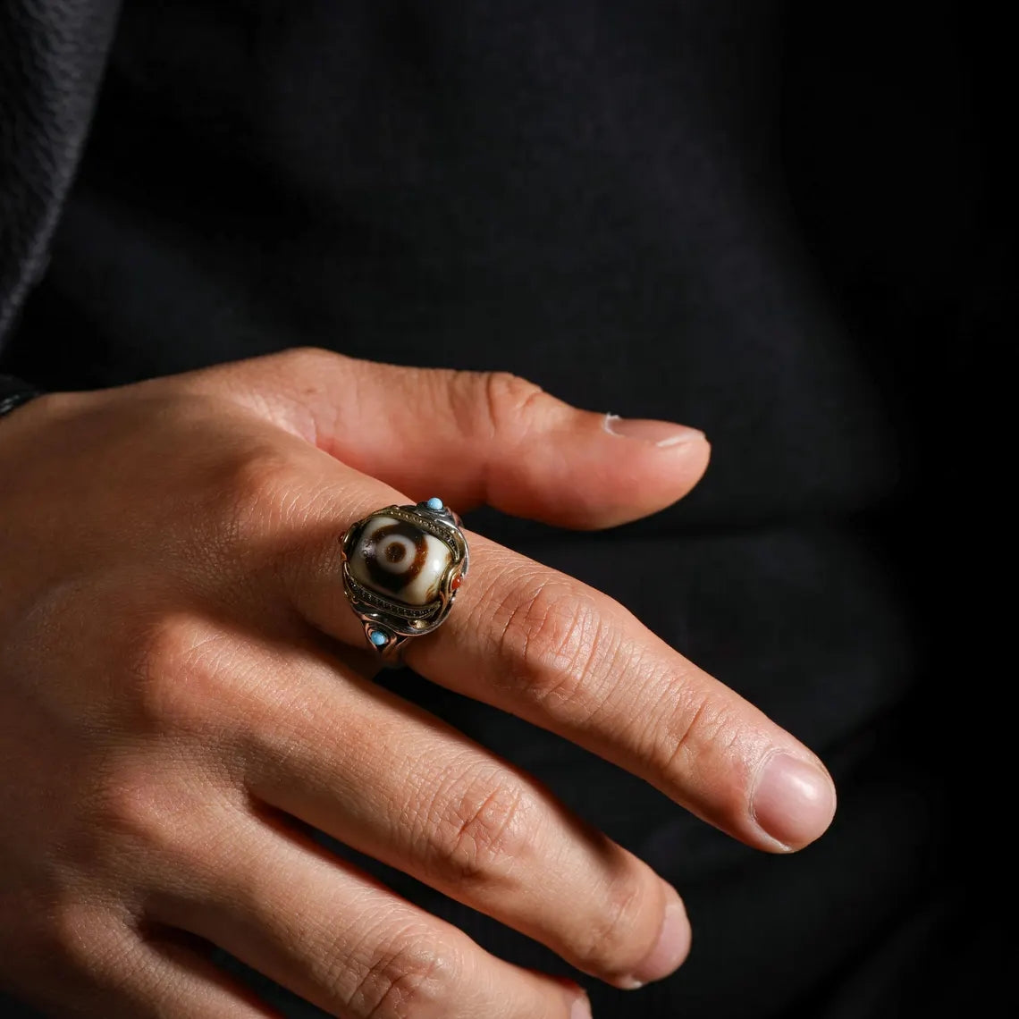 Dharma Deer Three-Eyed Dzi Ring Sterling Silver Adjustable Tibetan Statement Ring