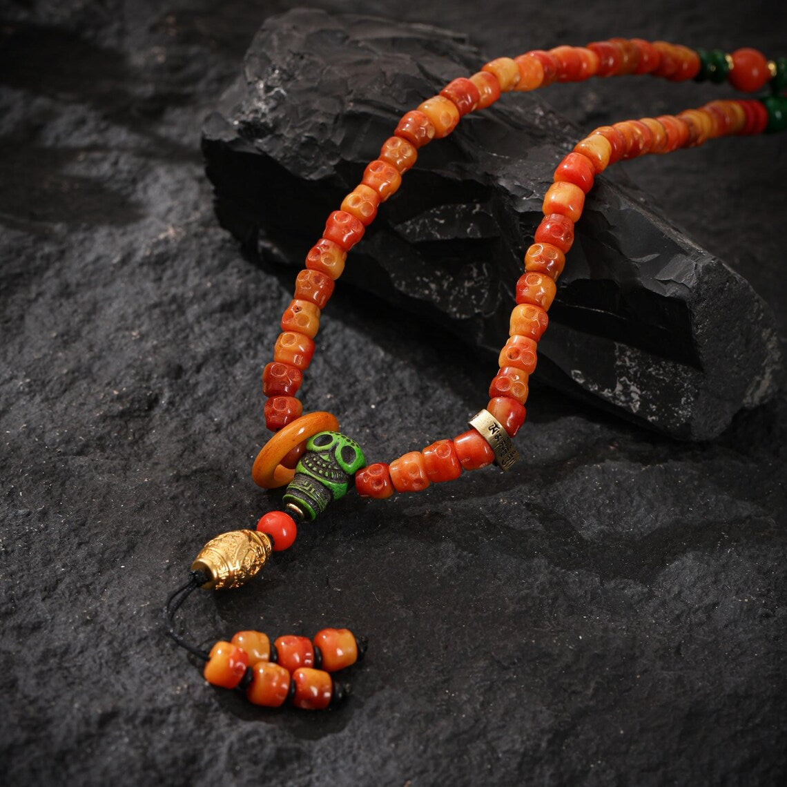 Dharma Deer Bone Skull Necklace 108 Mala Beads