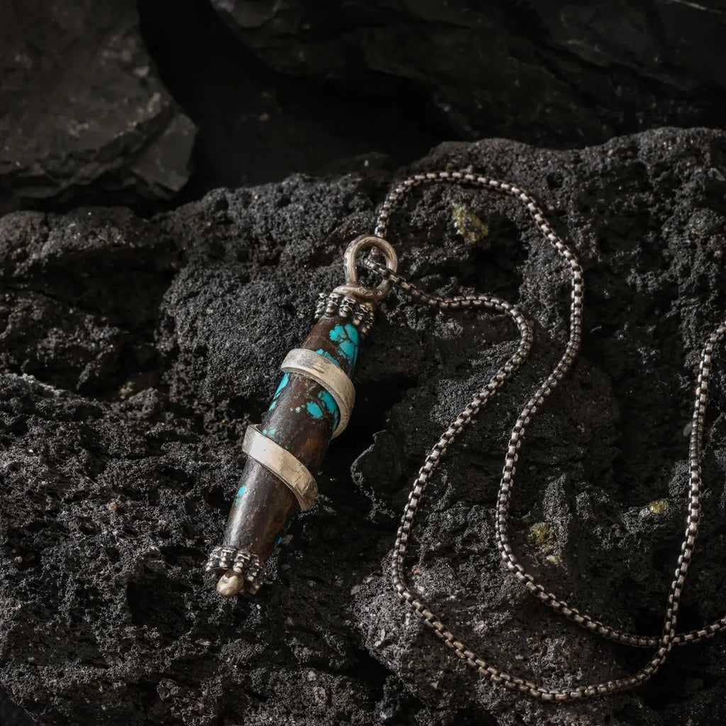 Dharma Deer Dzi Shape Turquoise Pendant Necklace Sterling Silver Chain Tibetan Handmade Heavy Talisman