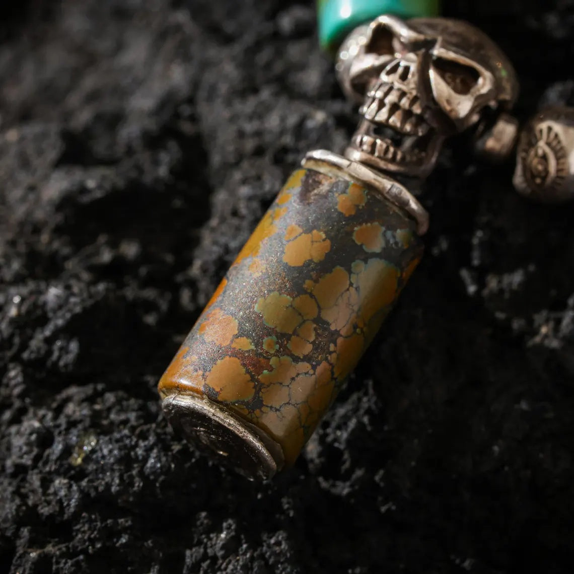 Dharma Deer Turquoise & Sterling Silver Skull Necklace | Om Mani Padme Hum Engraved Beads
