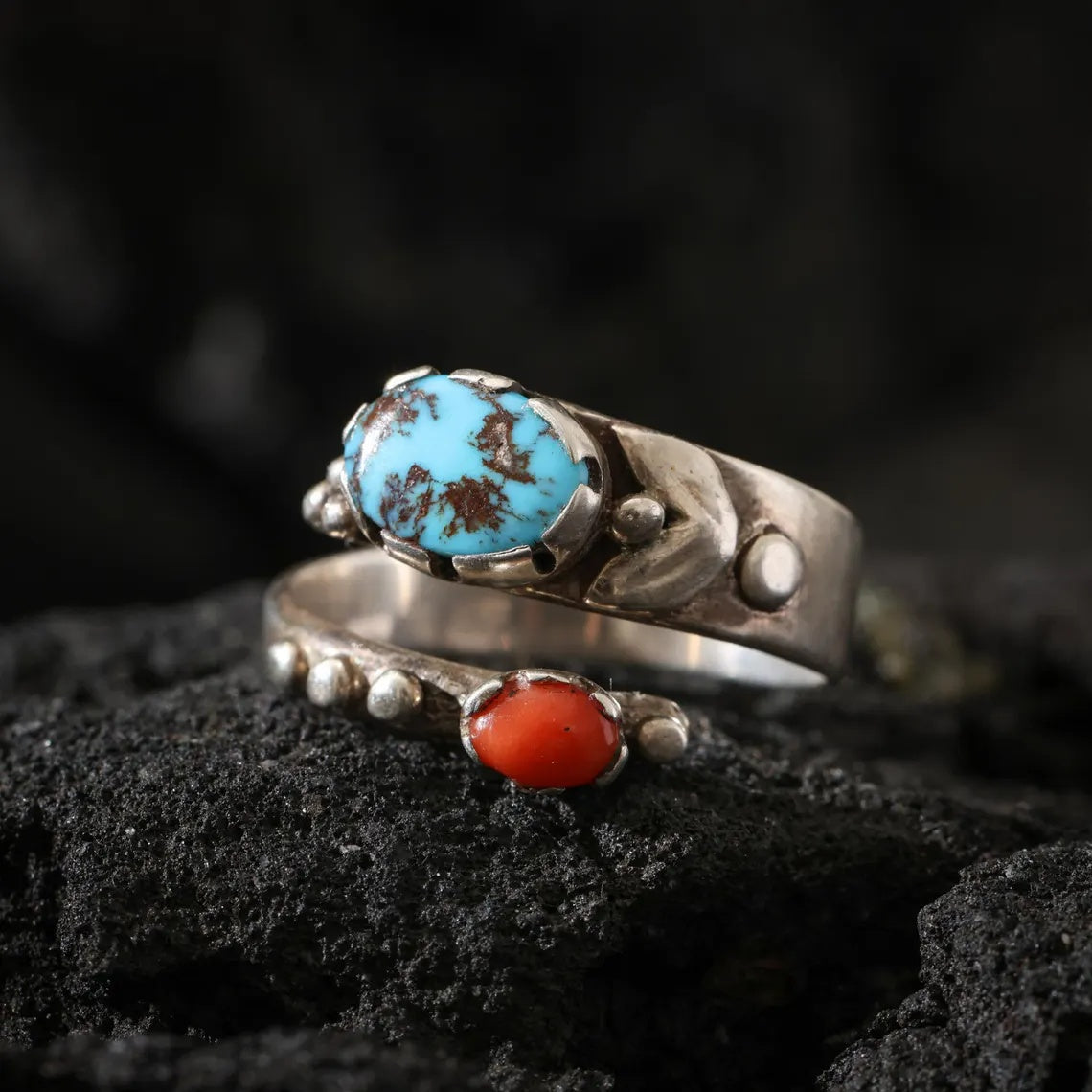 Dharma Deer Turquoise & Red Agate Sterling Silver Ring | Adjustable Open Band | Handmade Statement Ring