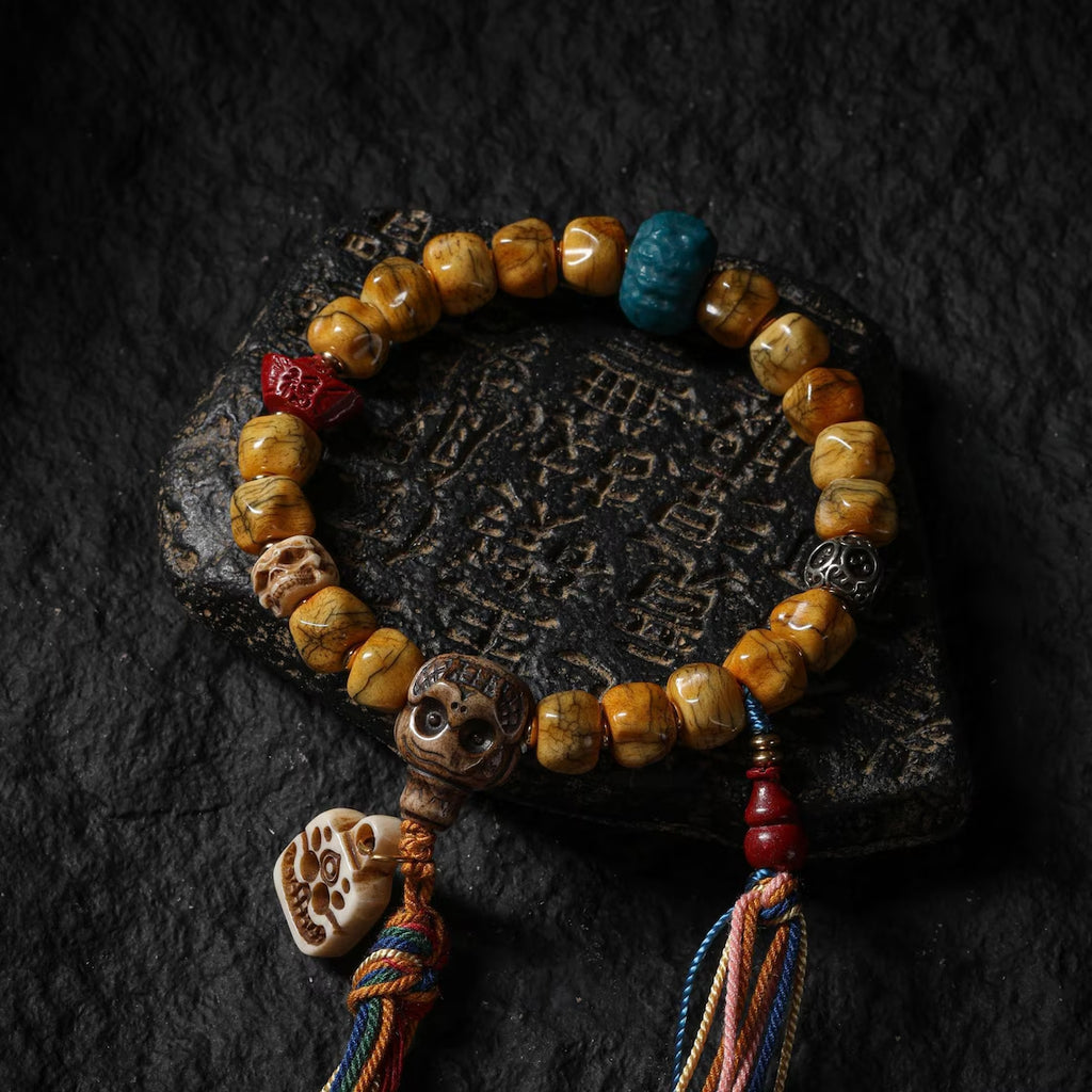Dharma Deer Yak Bone Carved Skull Bracelet Amulet