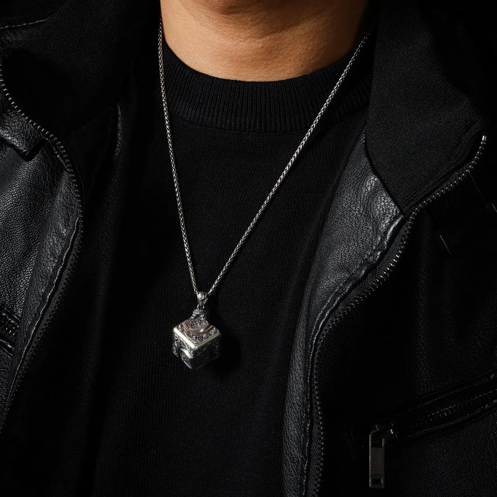 Dharma Deer Om Mantra Cube Dice Pendant, Sterling Silver Rotating Talisman Necklace, Gemstone Accents