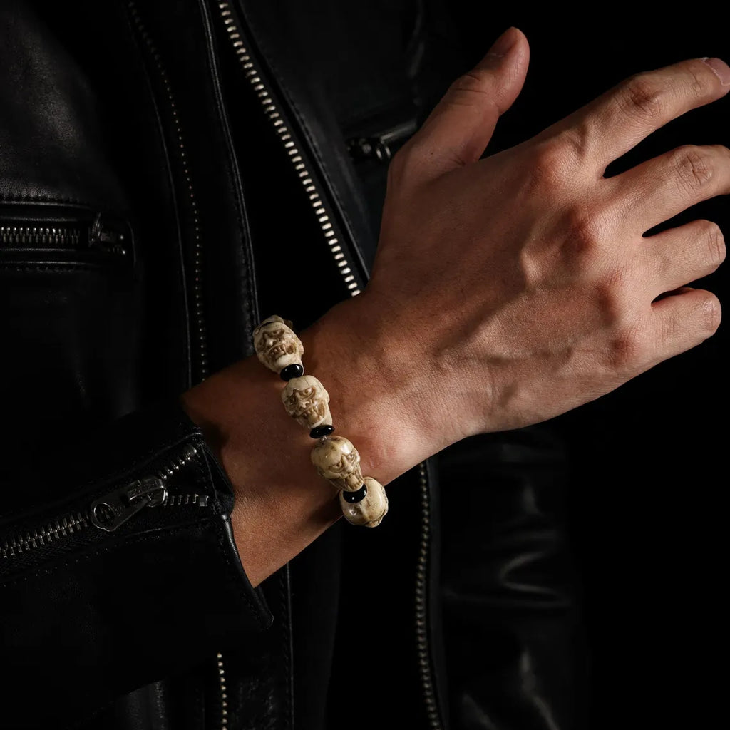 Dharma Deer Yak Bone Double-Sided Skull Amulet Bracelet Protection Amulet