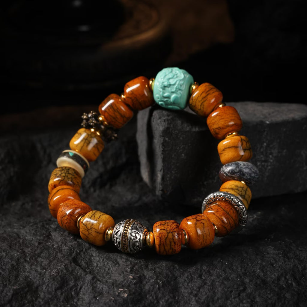 Dharma Deer Yak Bone Bracelet with Turquoise & Vajra Bead