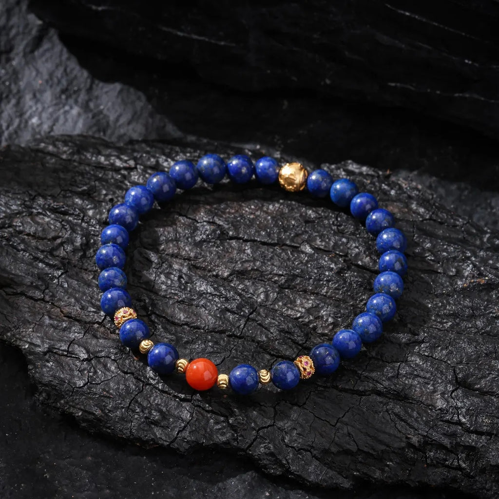 Dharma Deer Lapis Lazuli bracelet Red Agate, Ruby, Gold-plated