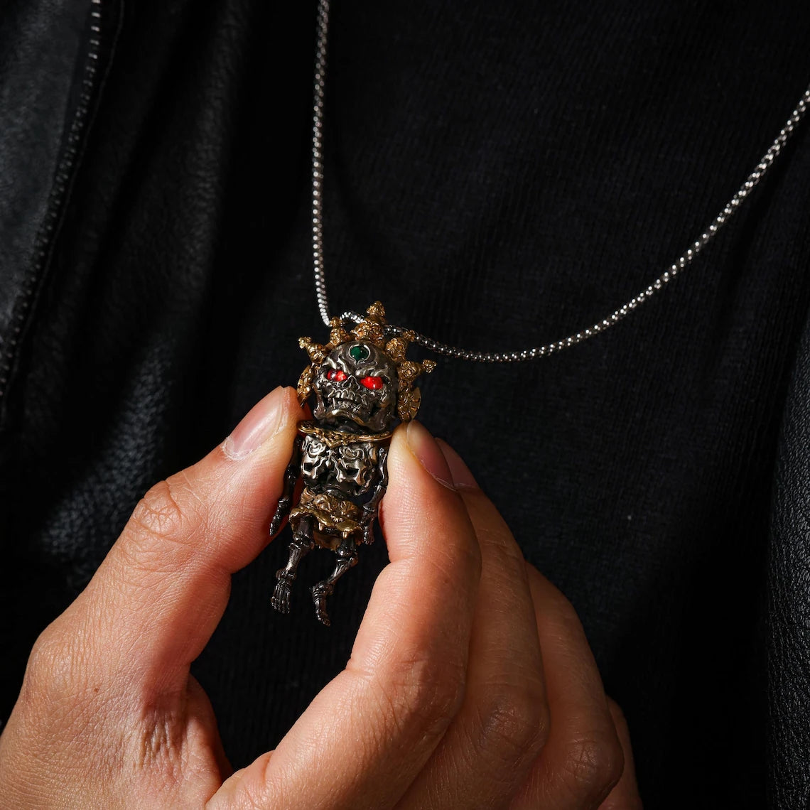 Dharma Deer Tibetan Skull Skeleton Pendant Necklace, Articulated Charm, Movable Joints