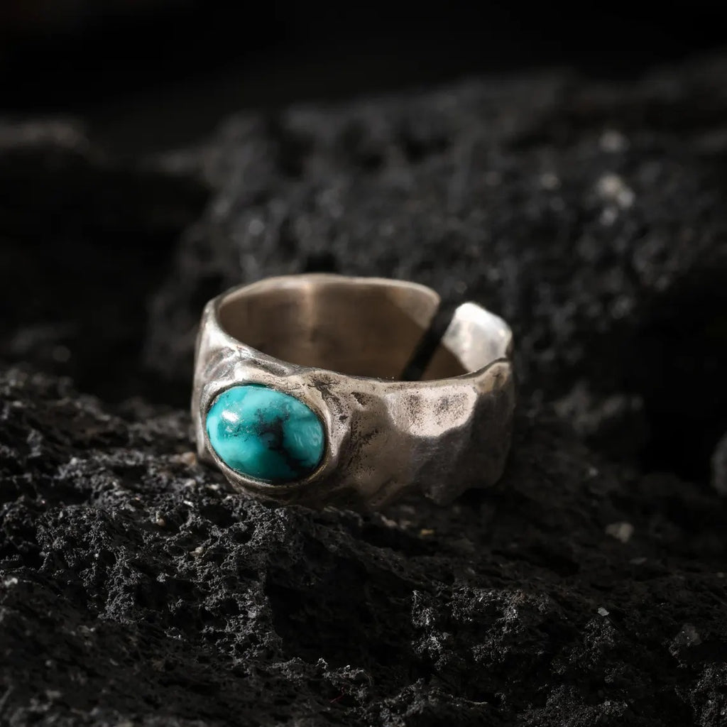 Dharma Deer Turquoise Ring | 925 Sterling Silver | Rustic Hammered Ring | Adjustable Unisex Jewelry