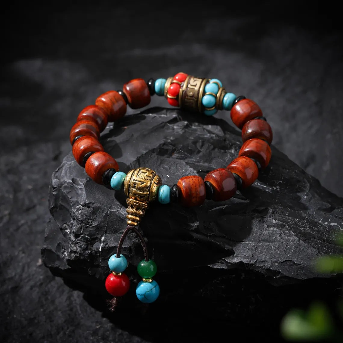 Dharma Deer Tibetan Yak Bone Bracelet with Turquois, Red Agate Accents