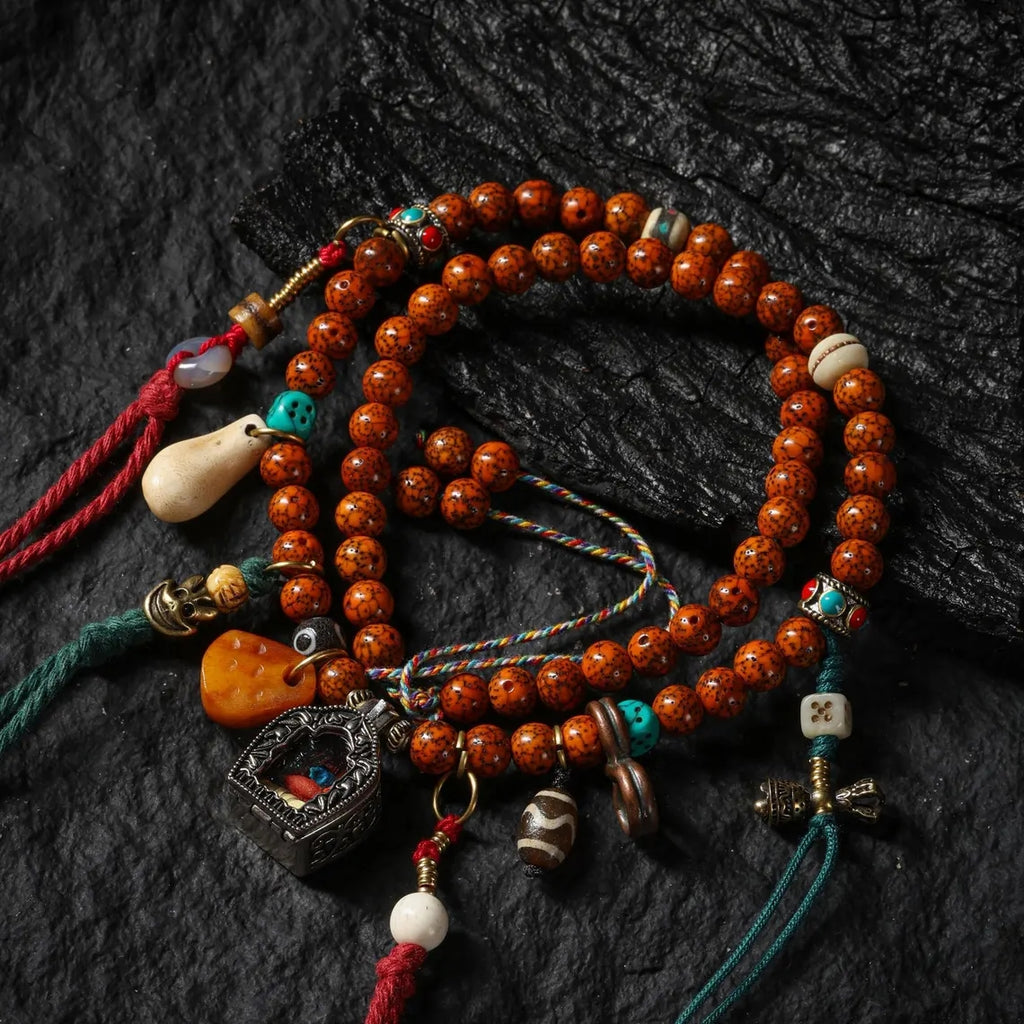 Dharma Deer Tibetan Bodhi Mala Necklace with Gau Amulet