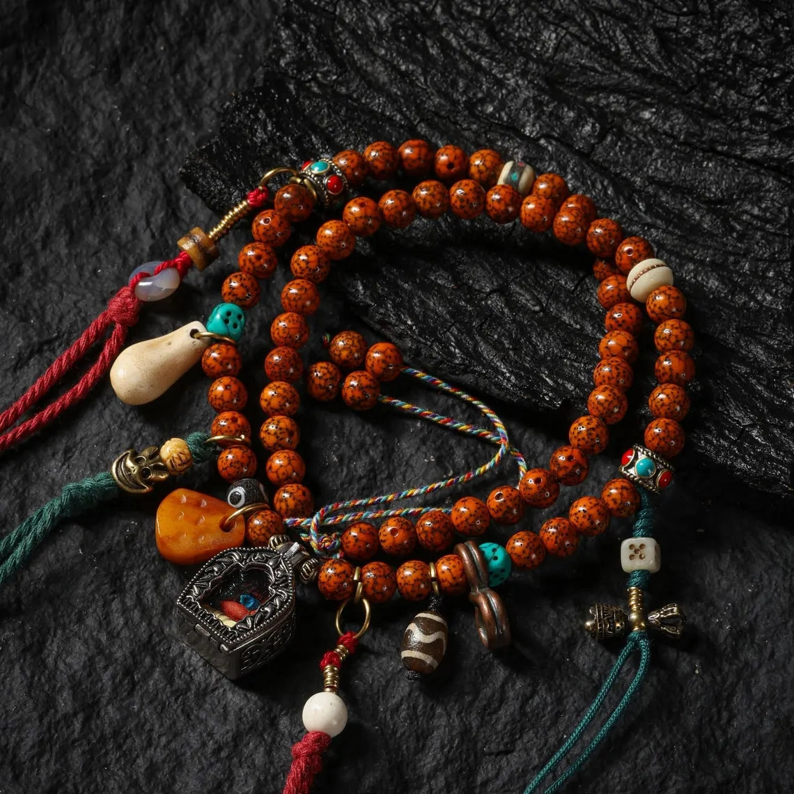 Dharma Deer Tibetan Bodhi Mala Necklace with Gau Amulet