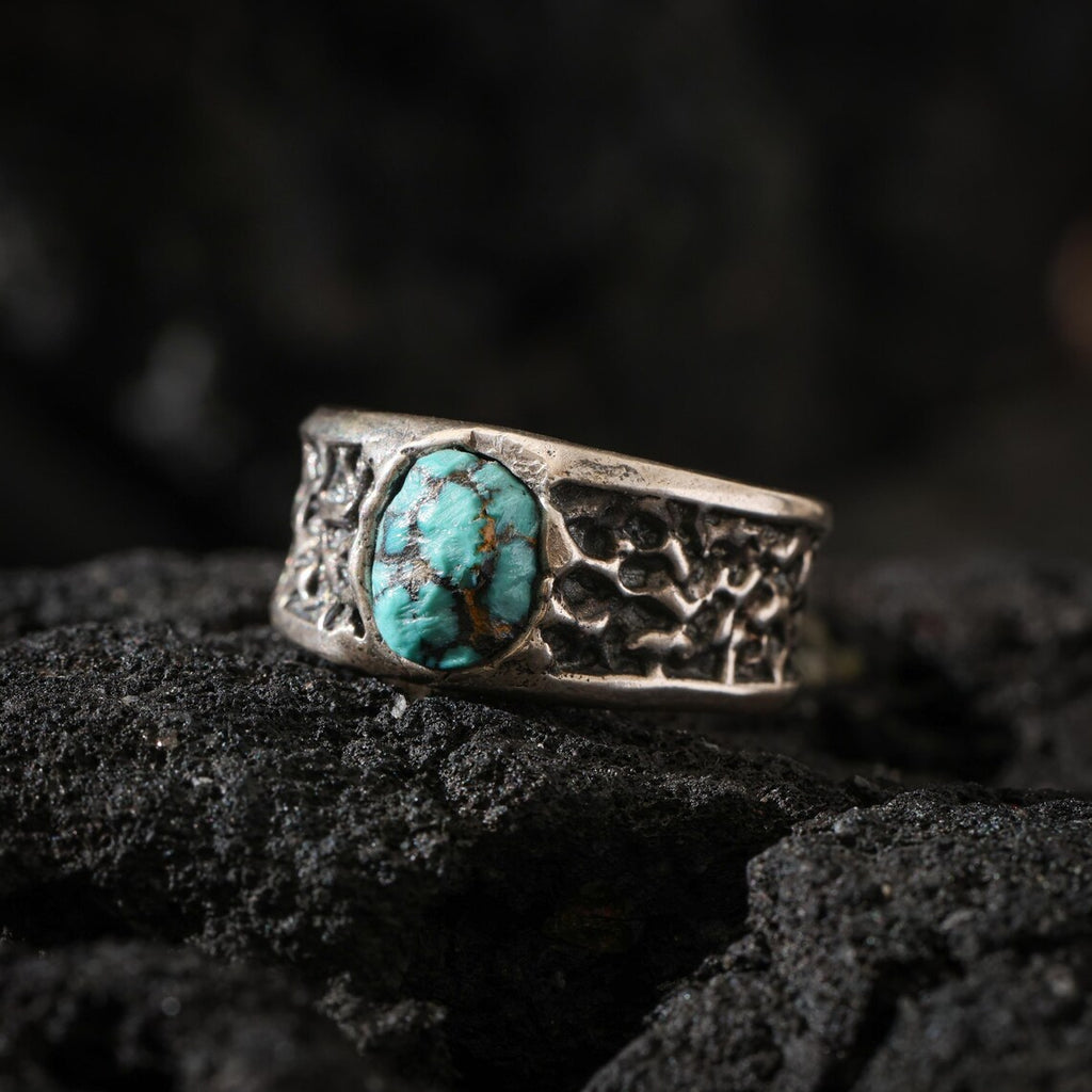 Dharma Deer Turquoise Sterling Silver Ring | Engraved Adjustable Statement
