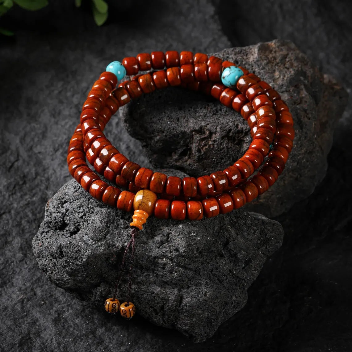 Dharma Deer Yak Bone 108 Mala Beads with Turquoise