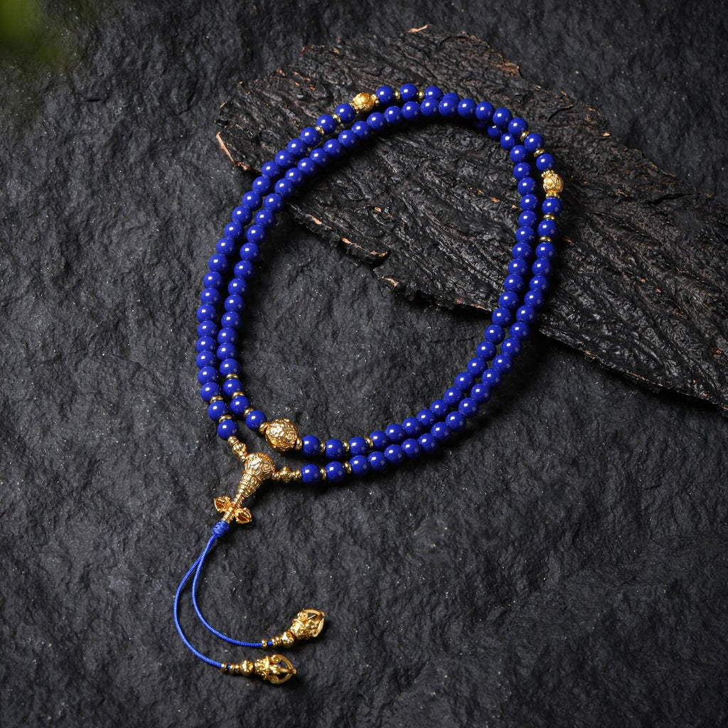 Dharma Deer Lapis Lazuli 108 Mala Necklace with Gold-Plated Accents