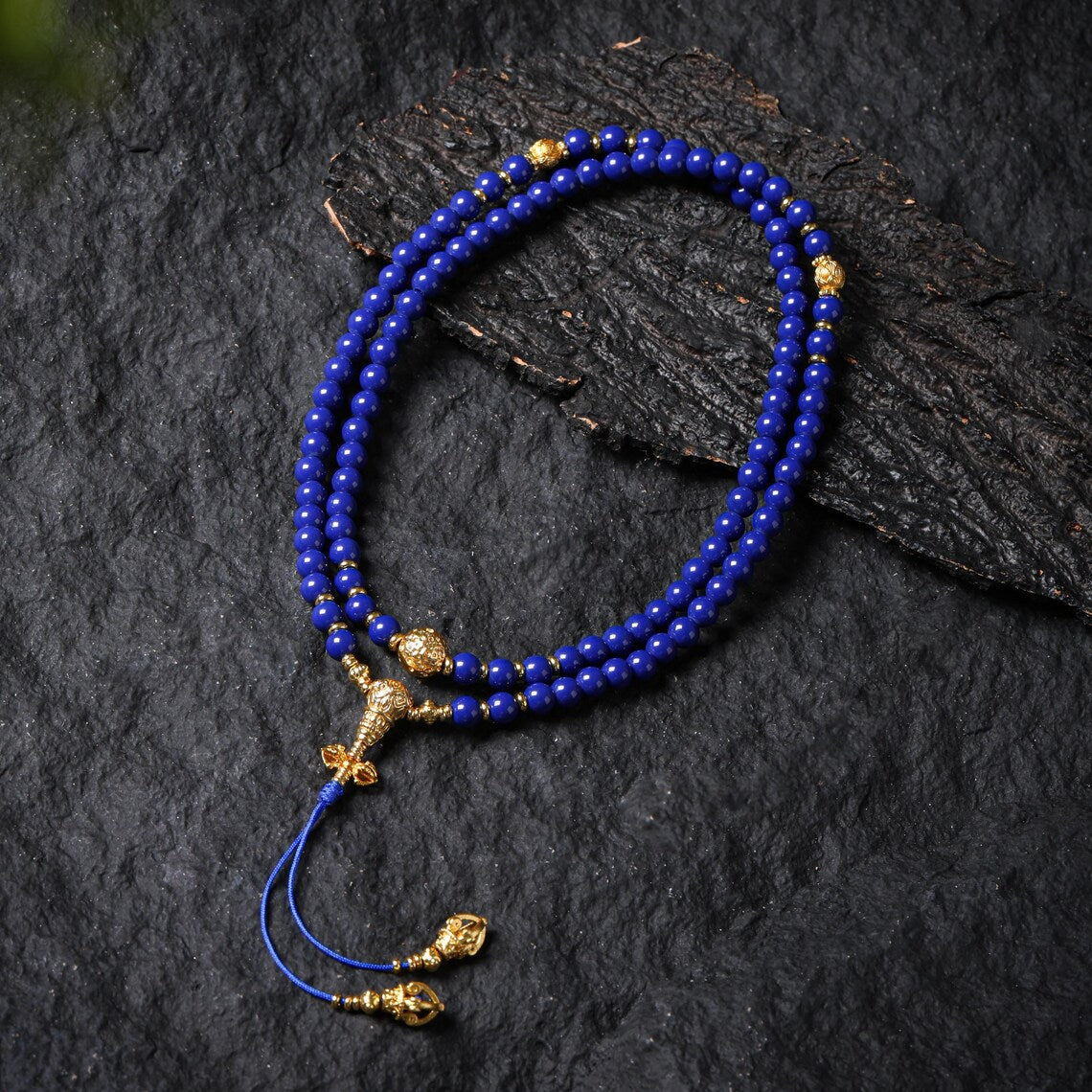 Dharma Deer Lapis Lazuli 108 Mala Necklace with Gold-Plated Accents
