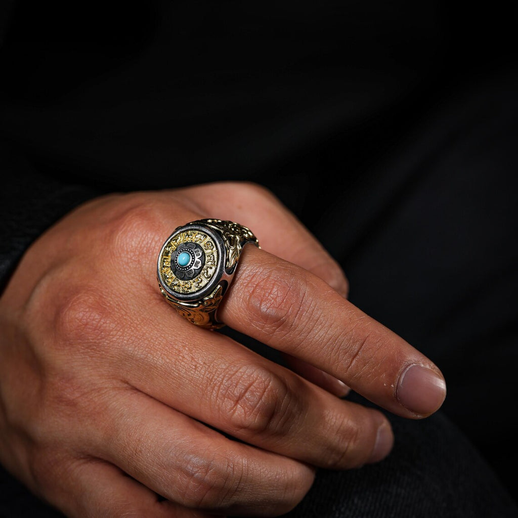 Dharma Deer Eight Trigrams Turquoise Ring Two-Tone Tibetan Statement Adjustable Ring