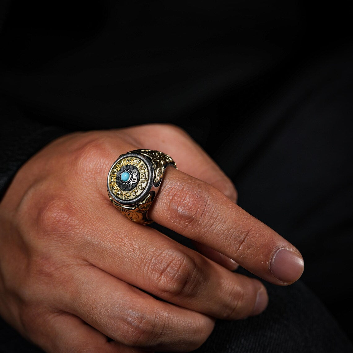 Dharma Deer Eight Trigrams Turquoise Ring Two-Tone Tibetan Statement Adjustable Ring