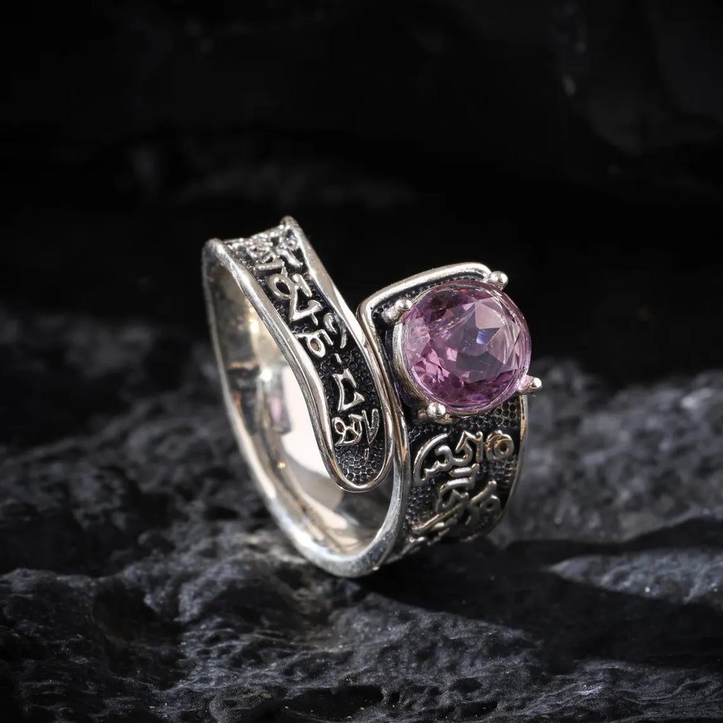Dharma Deer Natural Amethyst Ring Om Mani Padme Hum