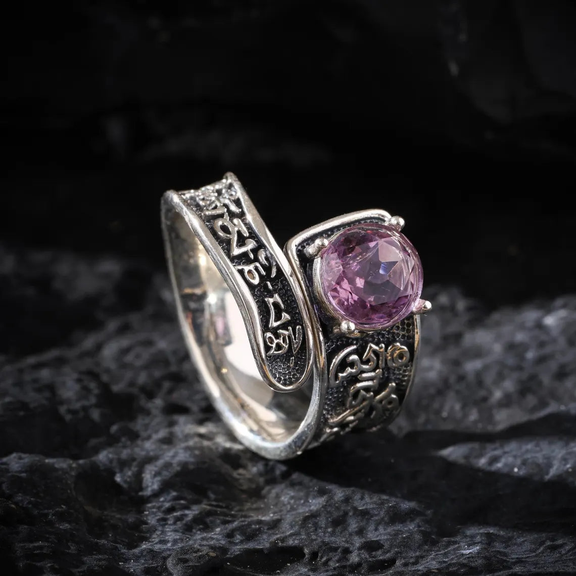 Dharma Deer Natural Amethyst Ring Om Mani Padme Hum