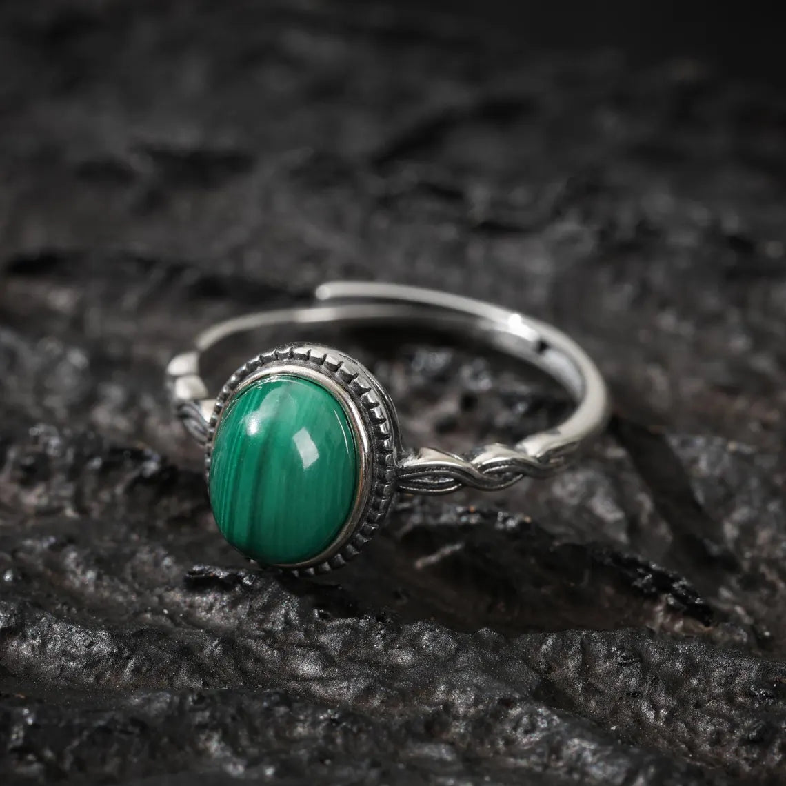 Dharma Deer Tibetan Sterling Silver Malachite Ring