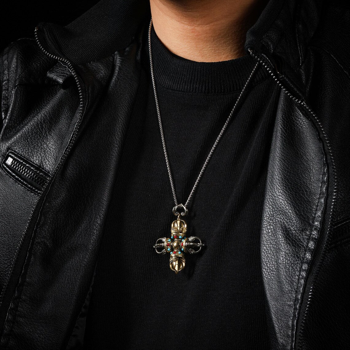 Dharma Deer Cross Vajra Pendant Necklace Tibetan Amulet