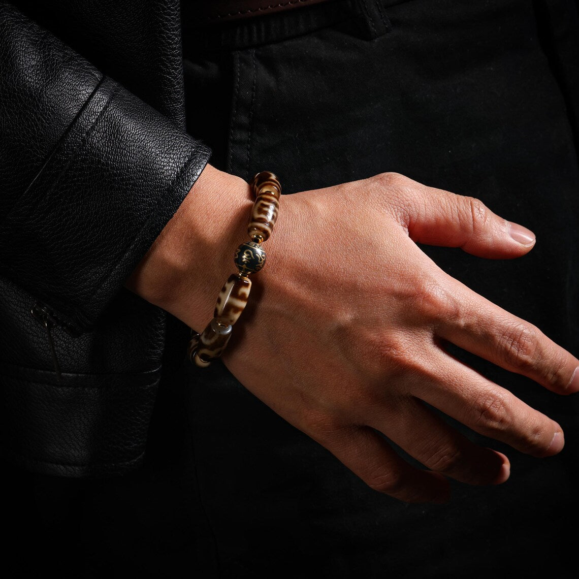 Dharma Deer Tibetan Dzi Bead Bracelet, Om Mani Padme Hum Accent Bead