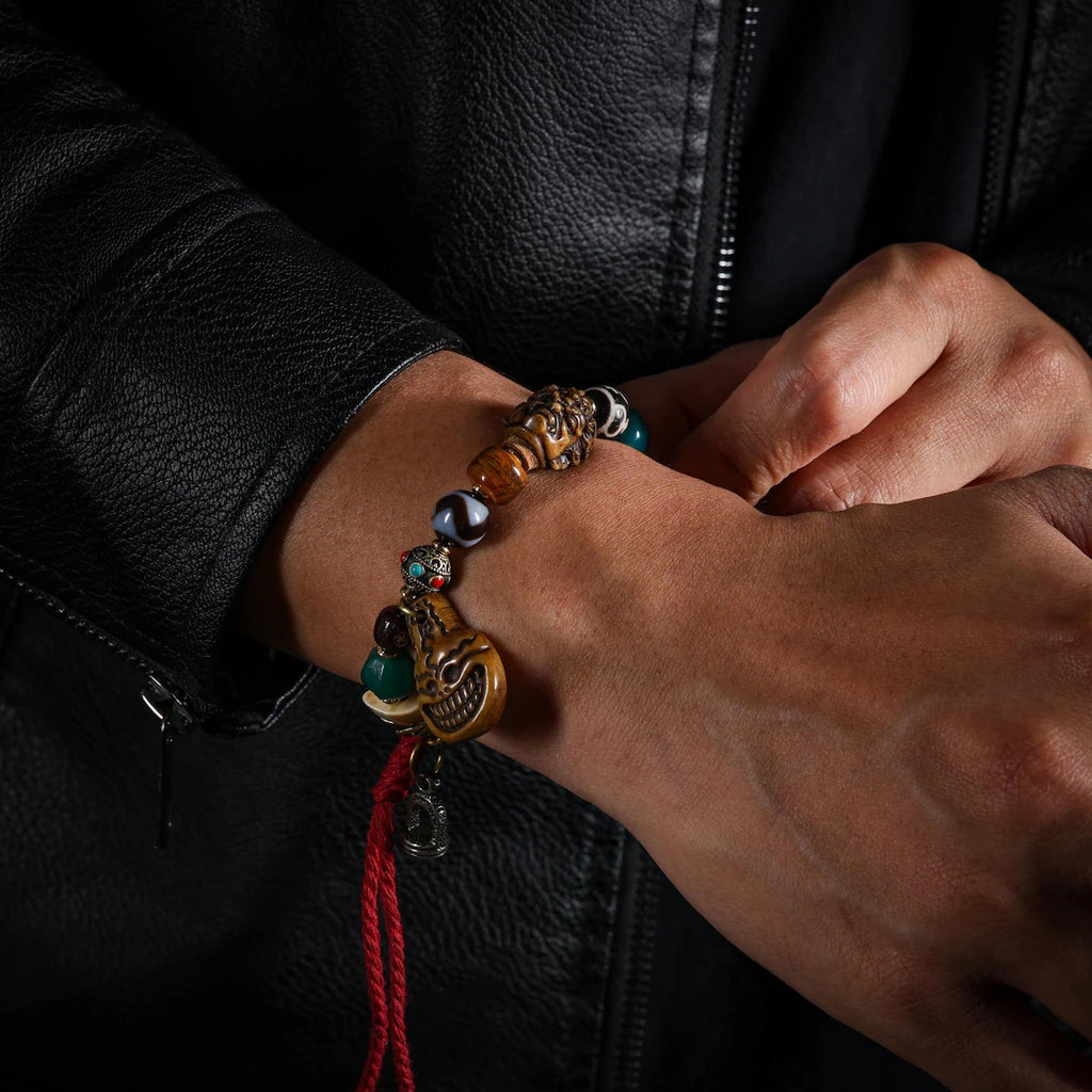 Dharma Deer Yak Bone Bracelet Tibetan Amulet Smiling Fool