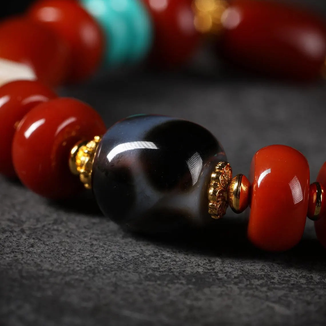 Dharma Deer Tibetan Red Agate Bracelet with Turquoise & Dzi Accents