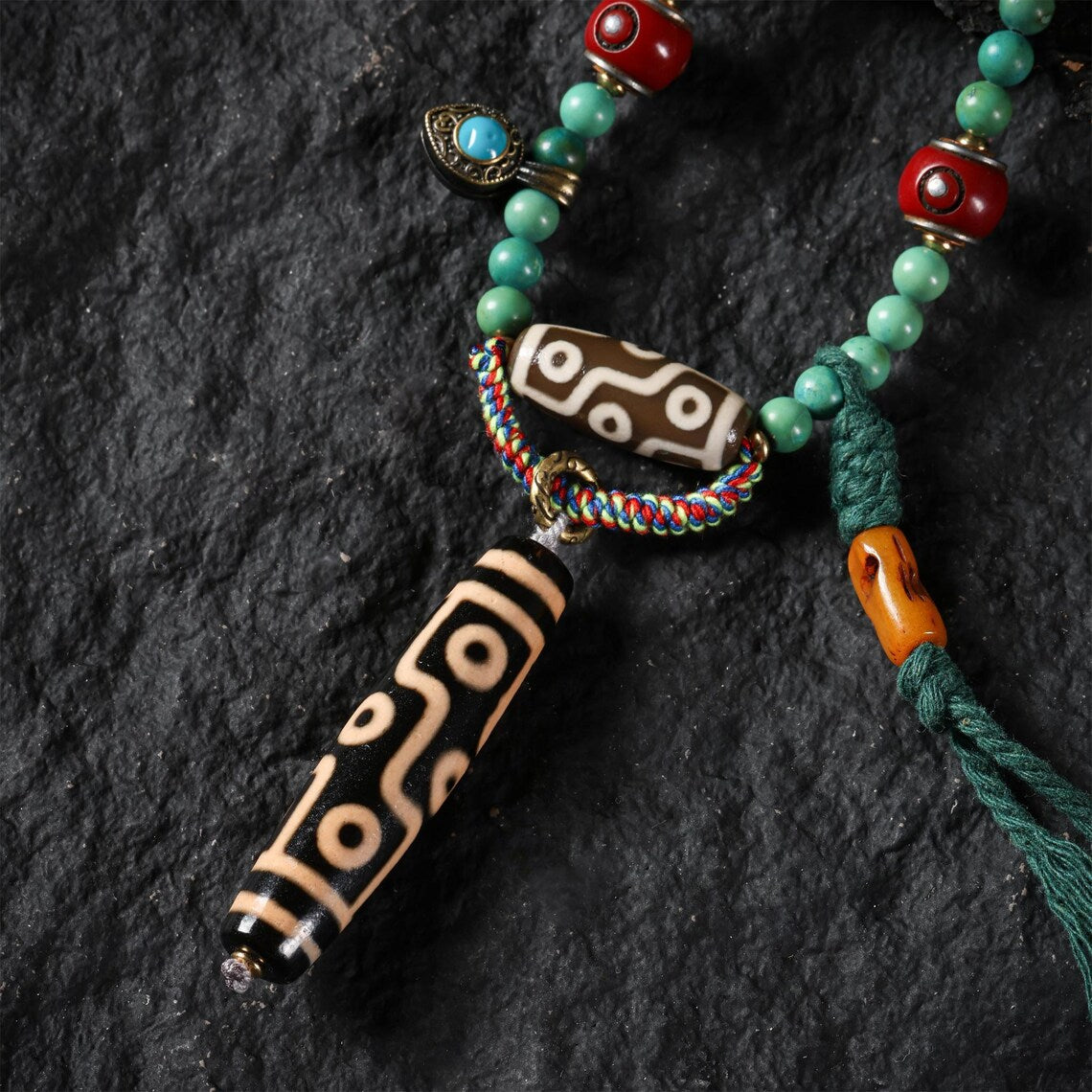 Dharma Deer Turquoise Nine-Eyed Dzi Necklace